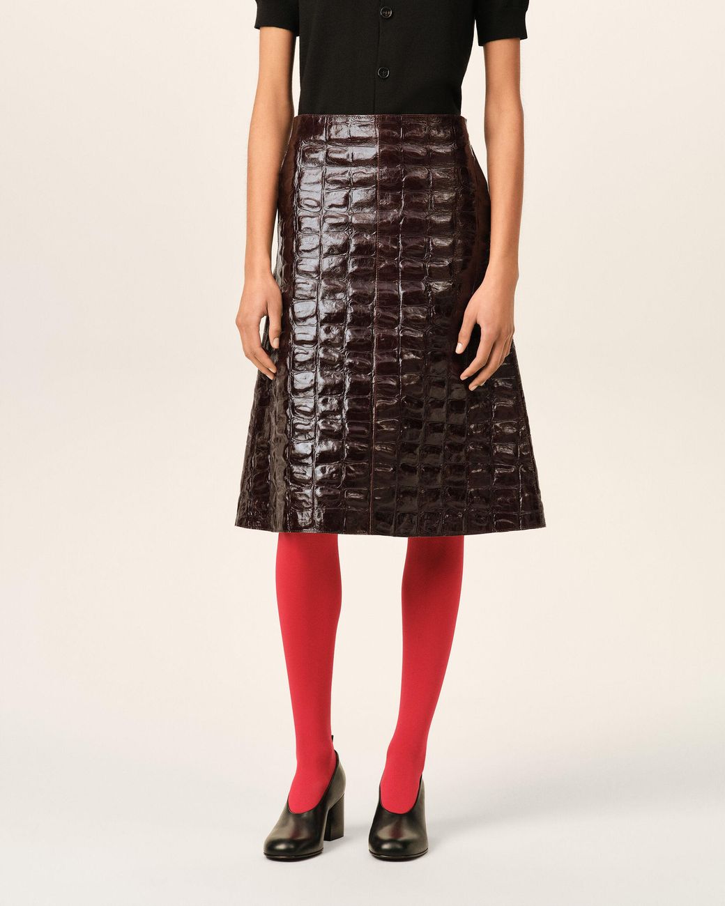 AMI Natural Burgundy Midi Cowhide Leather Skirt