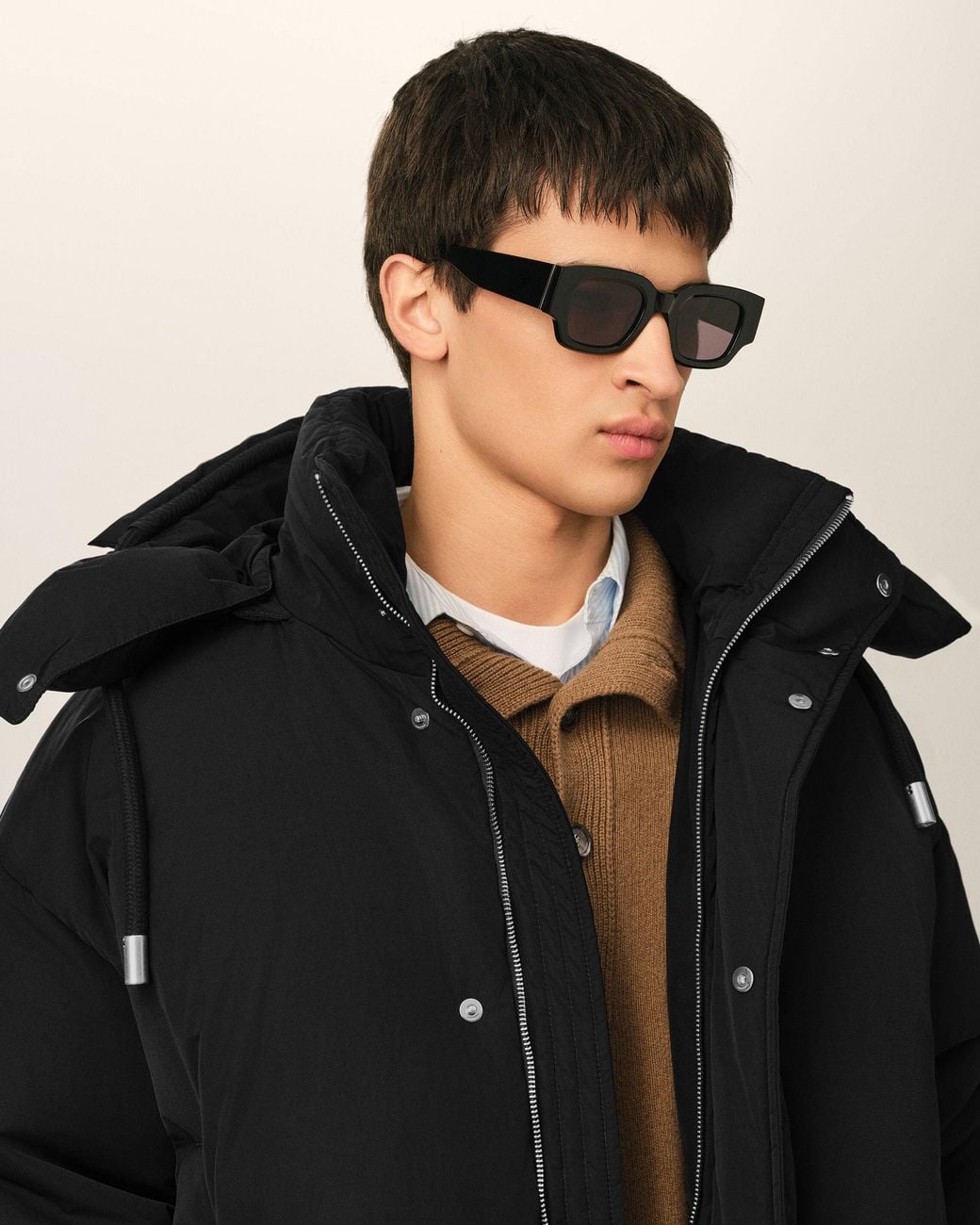 AMI Black Hooded Nylon And Cotton Down Jacket With Ami De Coeur for men