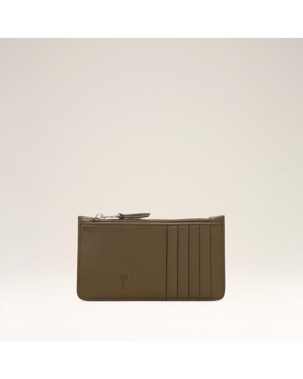 AMI Natural Zipped Cowhide Leather Card Holder With Ami De Coeur