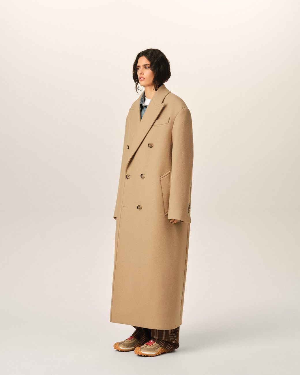 AMI Natural Long Double-Breasted Wool Coat