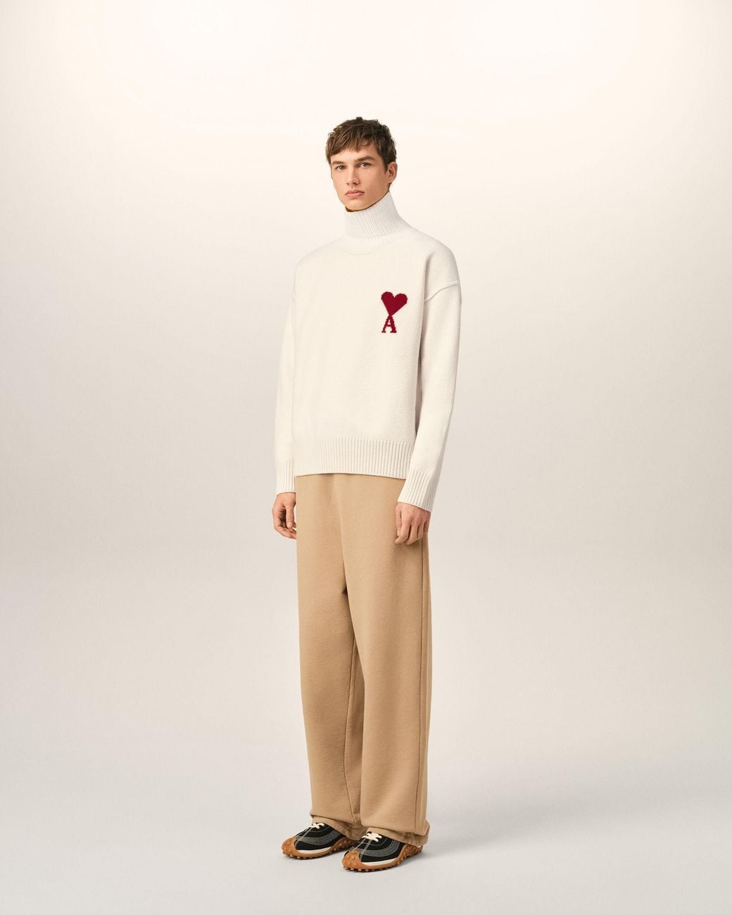 AMI Natural Funell Neck Wool Sweater With Ami De Coeur