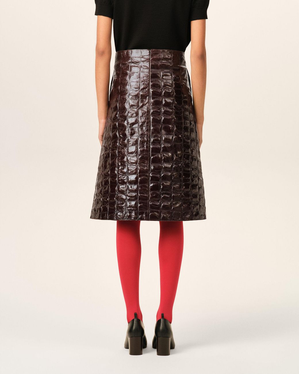 AMI Natural Burgundy Midi Cowhide Leather Skirt