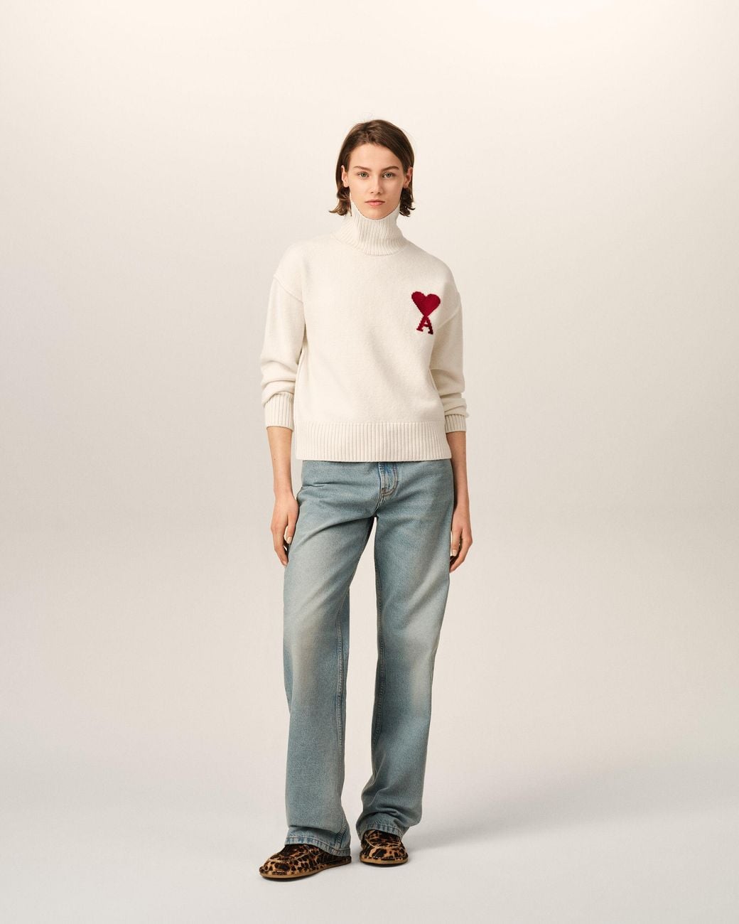 AMI Natural Funell Neck Wool Sweater With Ami De Coeur