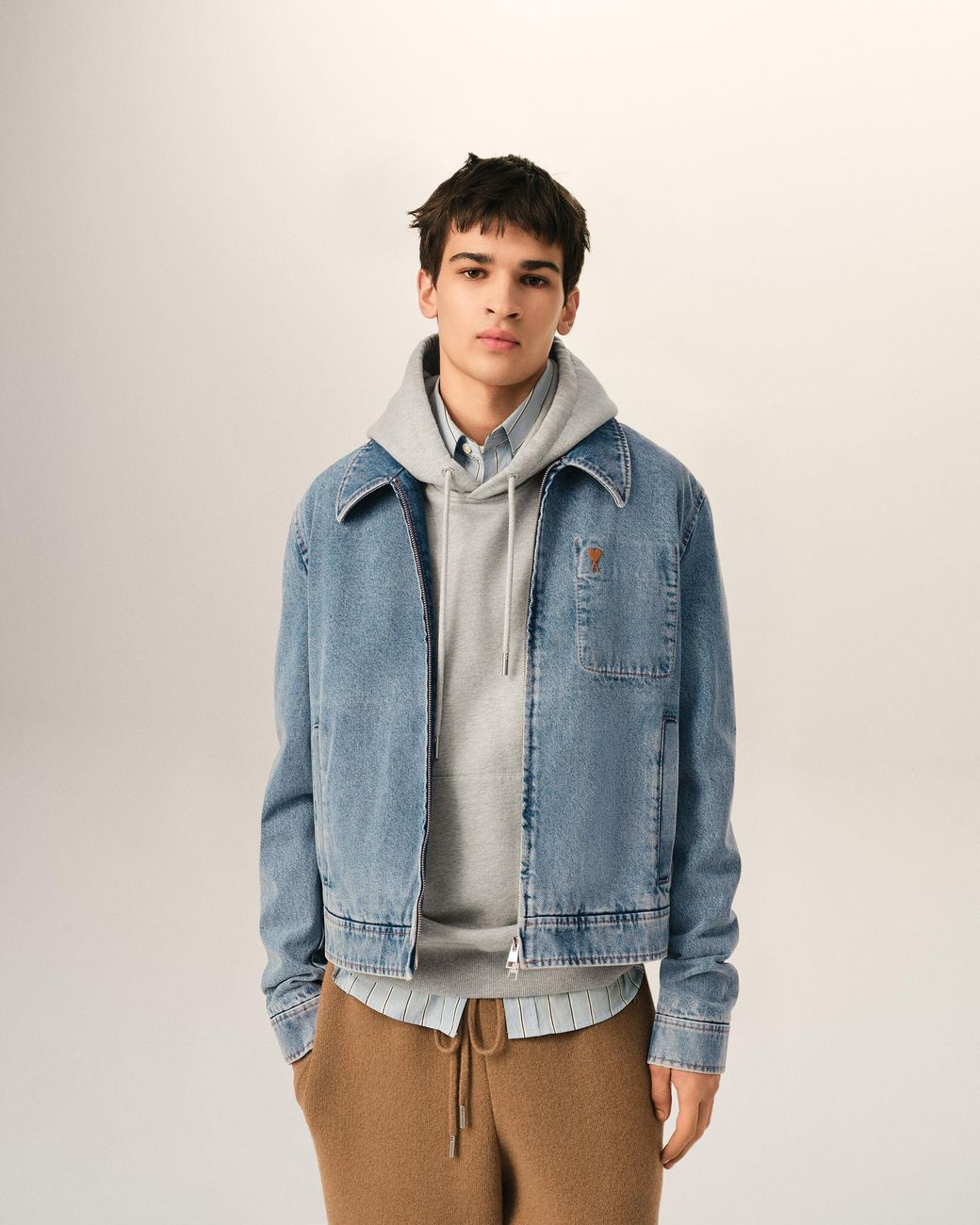 AMI Blue Cotton Contrasted Zipped Jacket With Ami De Coeur for men