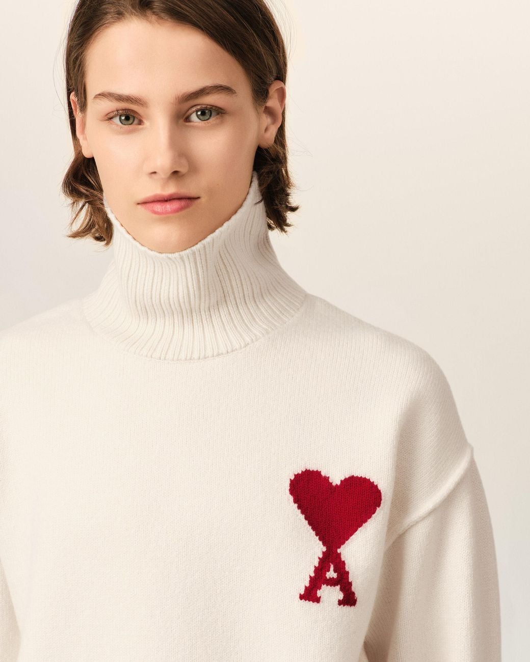 AMI Natural Funell Neck Wool Sweater With Ami De Coeur