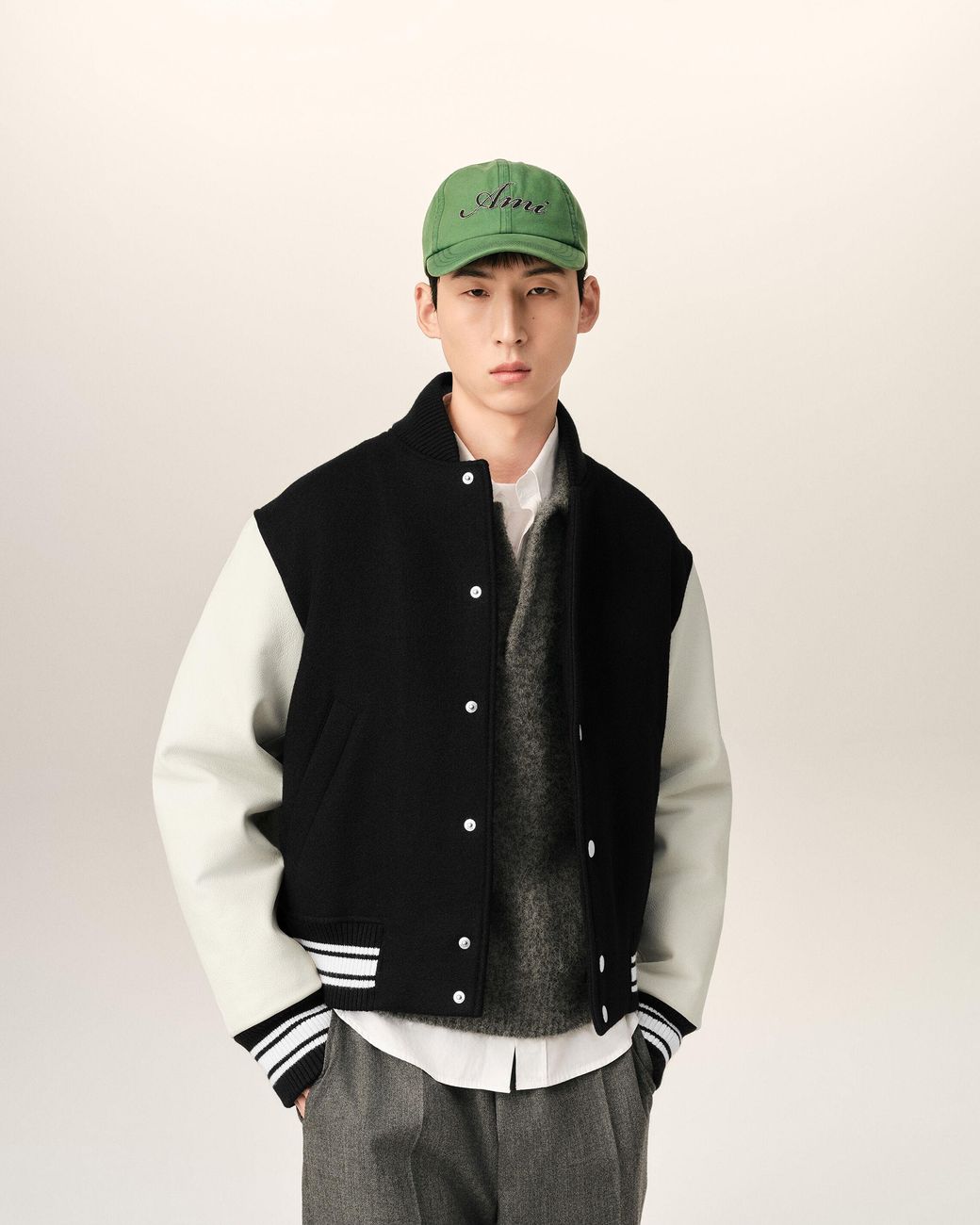 AMI Black Wool And Leather Padded Teddy Jacket With Embroidery for men