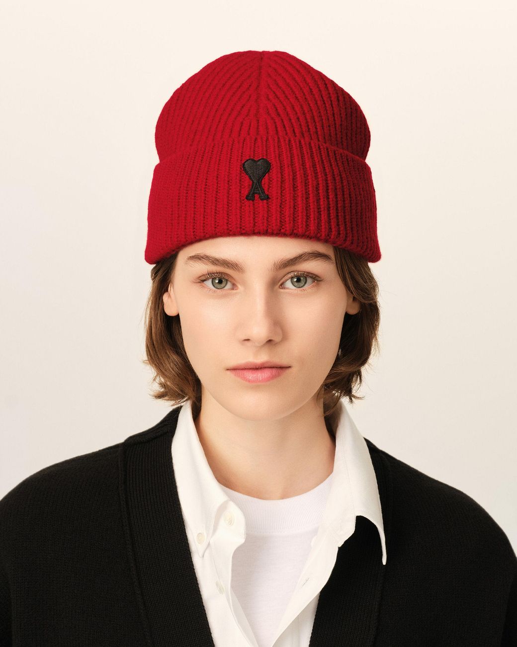AMI Red Wool Beanie With Ami De Coeur