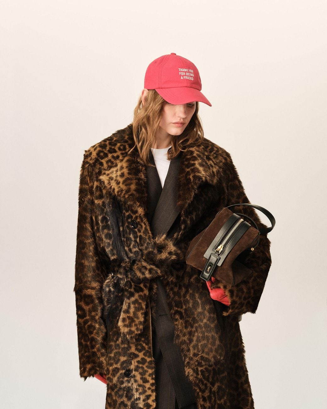 AMI Brown Long Leopard Goat Leather Belted Coat