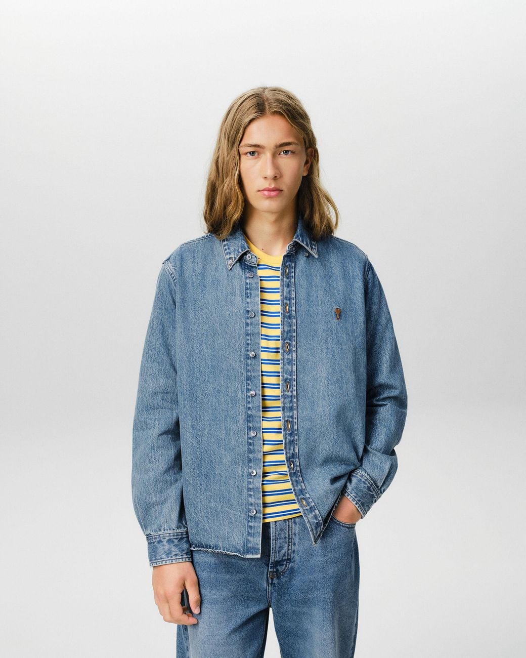 AMI Blue Denim Shirt With Ami De Coeur