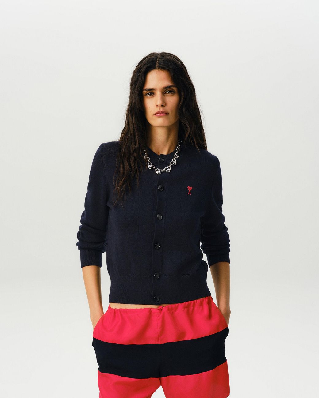 AMI Blue Crewneck Wool Cardigan With Ami De Coeur