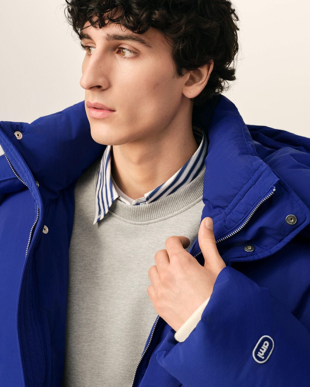 AMI Blue Hooded Nylon And Cotton Down Jacket With Ami De Coeur for men