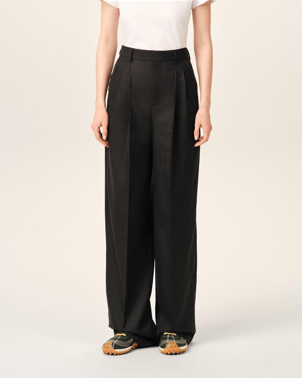 AMI Black High-Waisted Wide-Leg Striped Wool Trousers