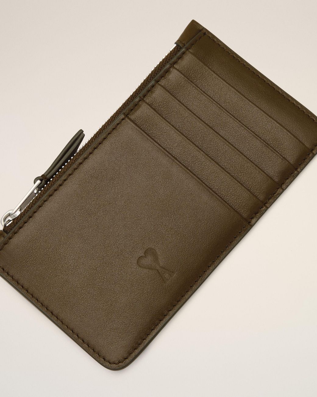 AMI Natural Zipped Cowhide Leather Card Holder With Ami De Coeur
