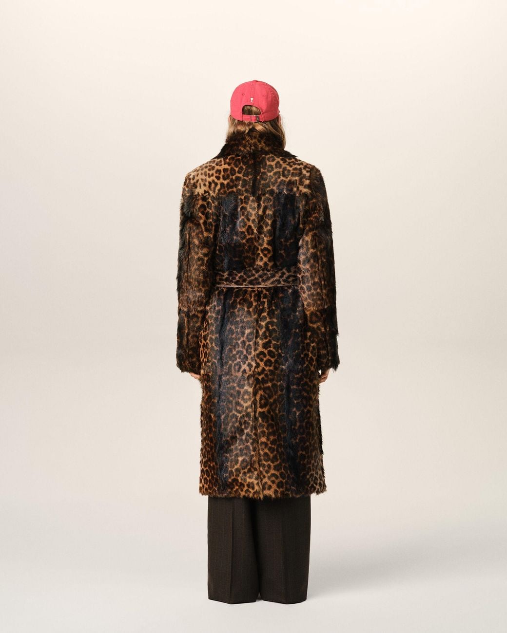 AMI Brown Long Leopard Goat Leather Belted Coat