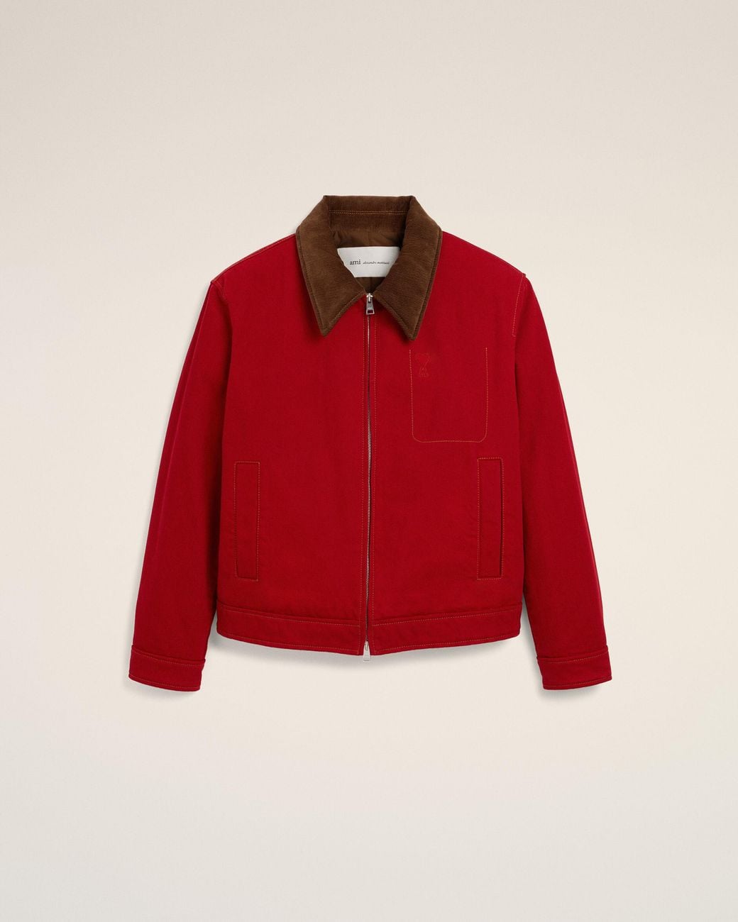 AMI Red Cotton Zipped Jacket With Ami De Coeur for men