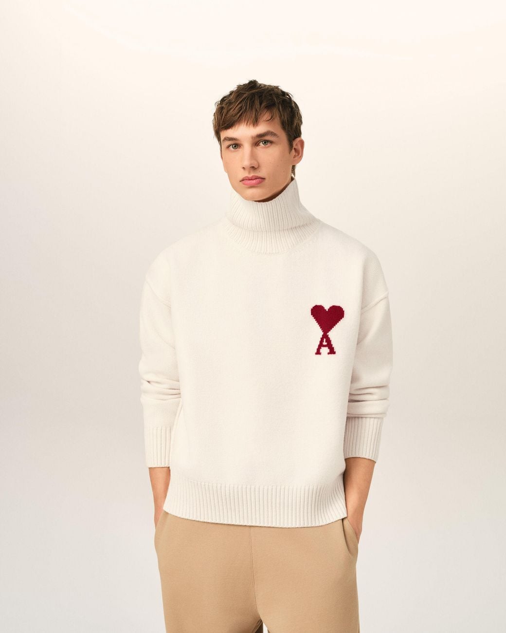 AMI Natural Funell Neck Wool Sweater With Ami De Coeur