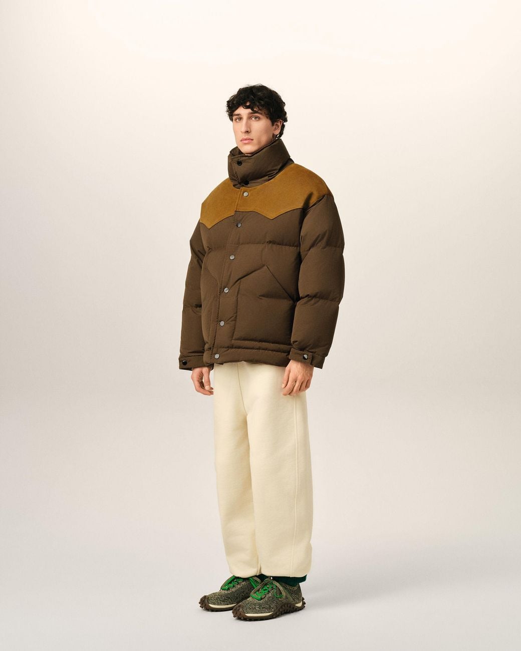 AMI Brown Nylon And Cotton Down Jacket With Leather Panels