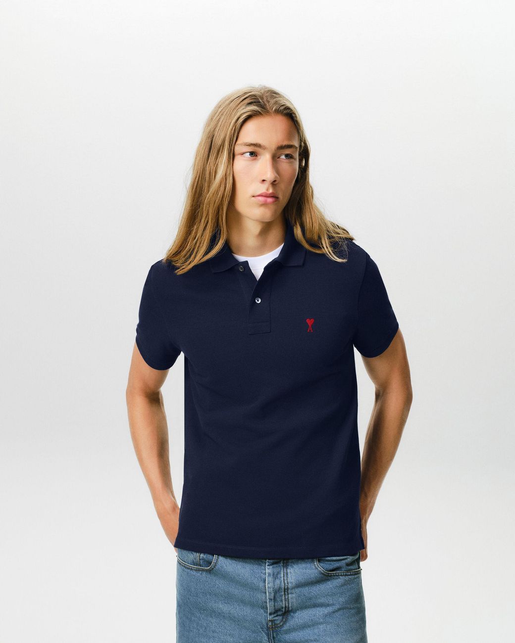 AMI Blue Cotton Polo With Ami De Coeur