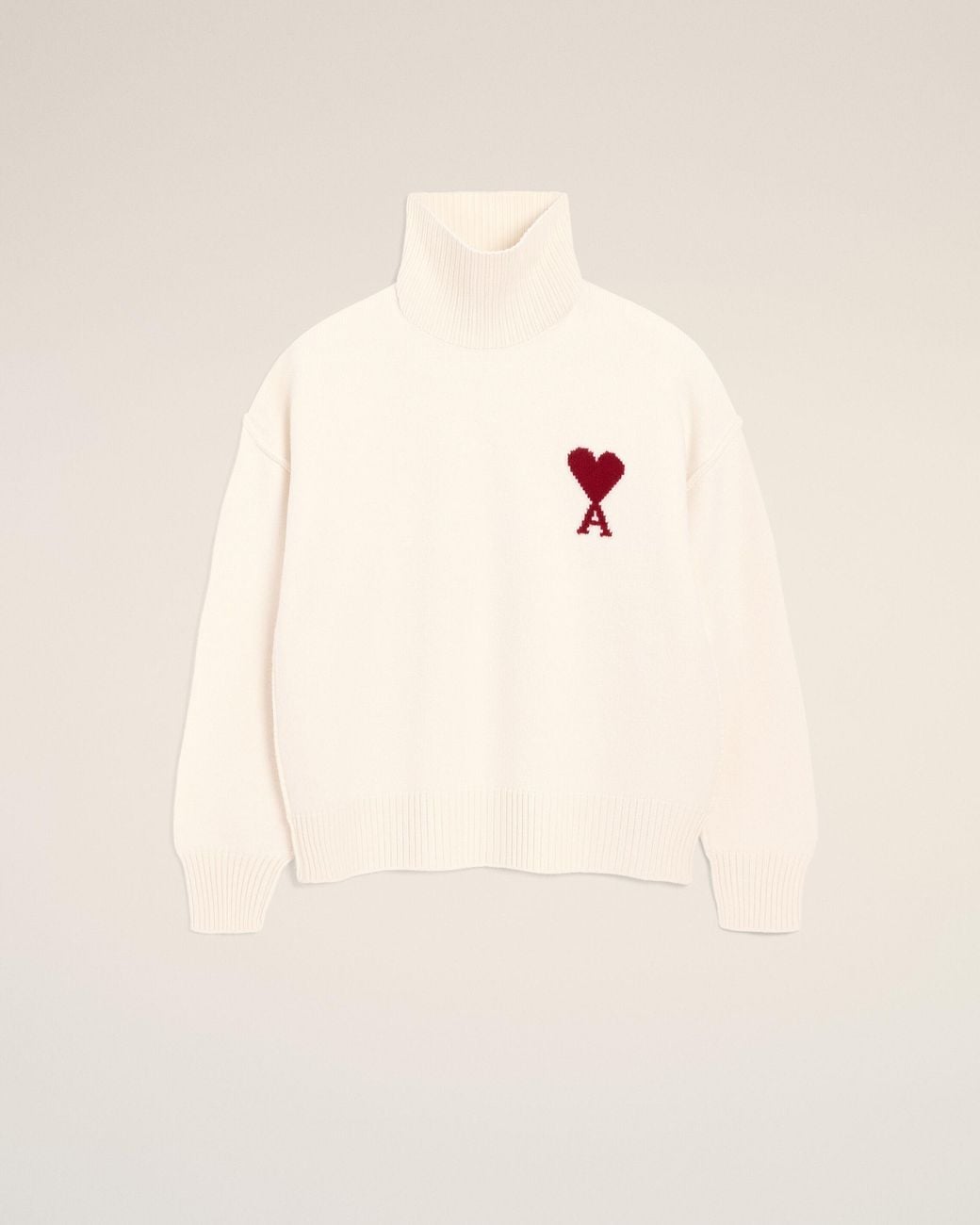 AMI Natural Funell Neck Wool Sweater With Ami De Coeur