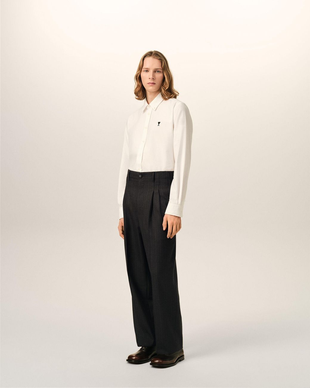 AMI Black High-Waisted Carrot-Fit Striped Wool Trousers for men