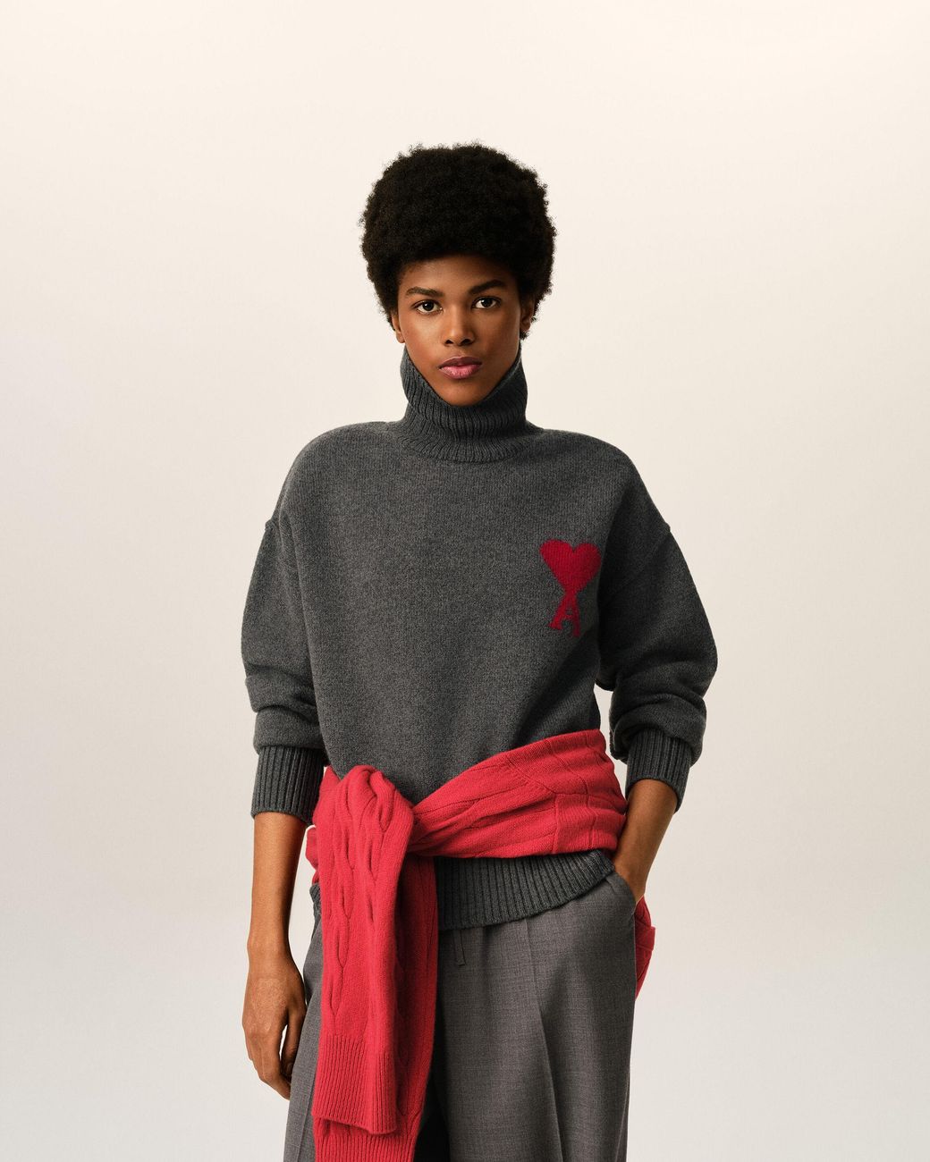 AMI Black Funell Neck Wool Sweater With Ami De Coeur