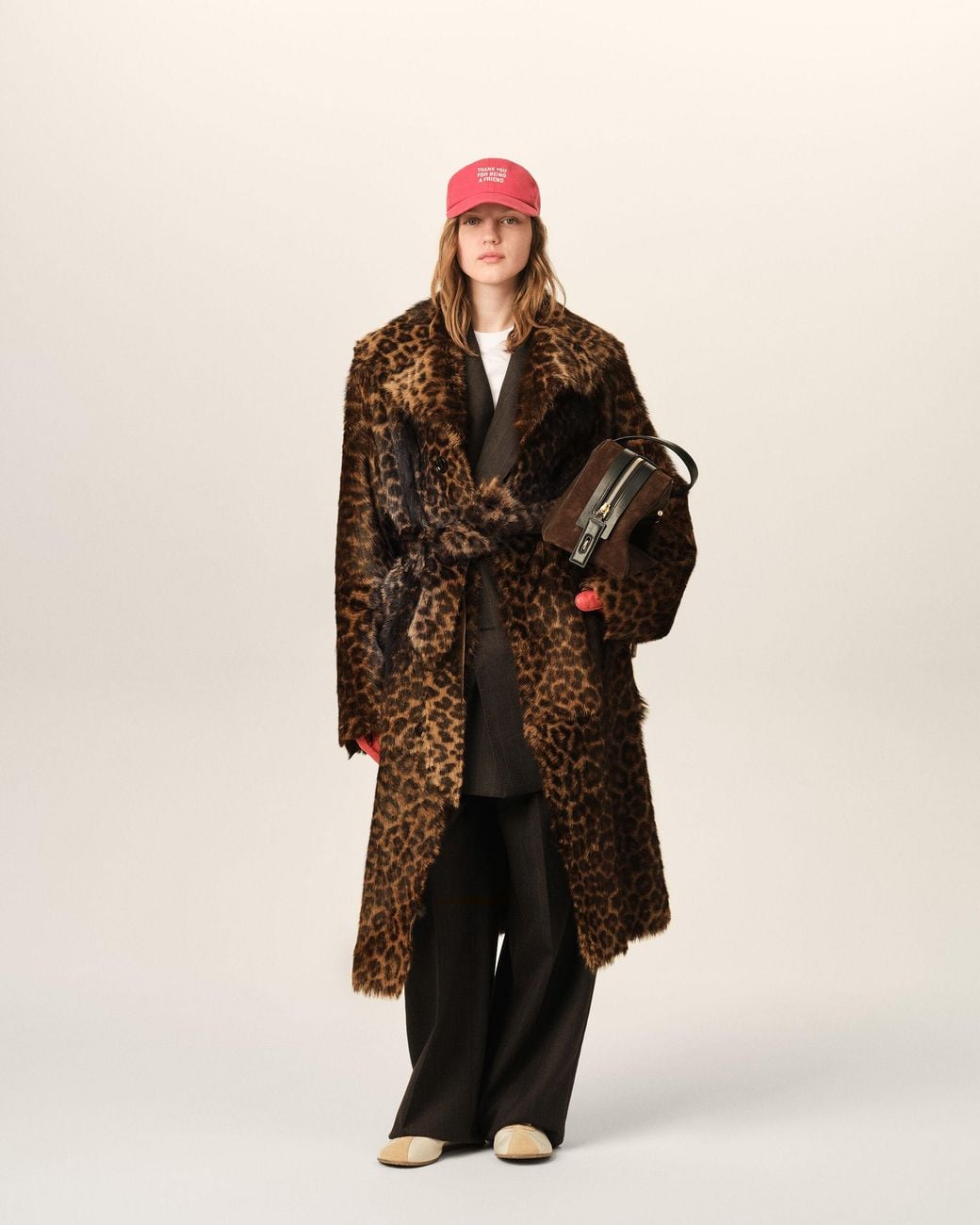 AMI Brown Long Leopard Goat Leather Belted Coat