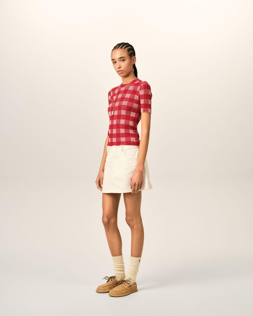 AMI Checkered Wool And Cotton Short Sleeves Sweater