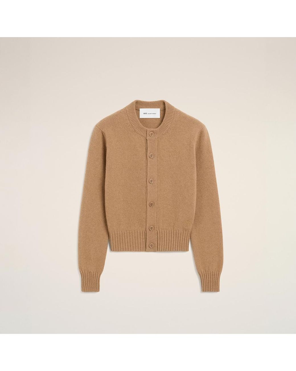 AMI Natural Crewneck Cashmere Cardigan With Ami De Coeur