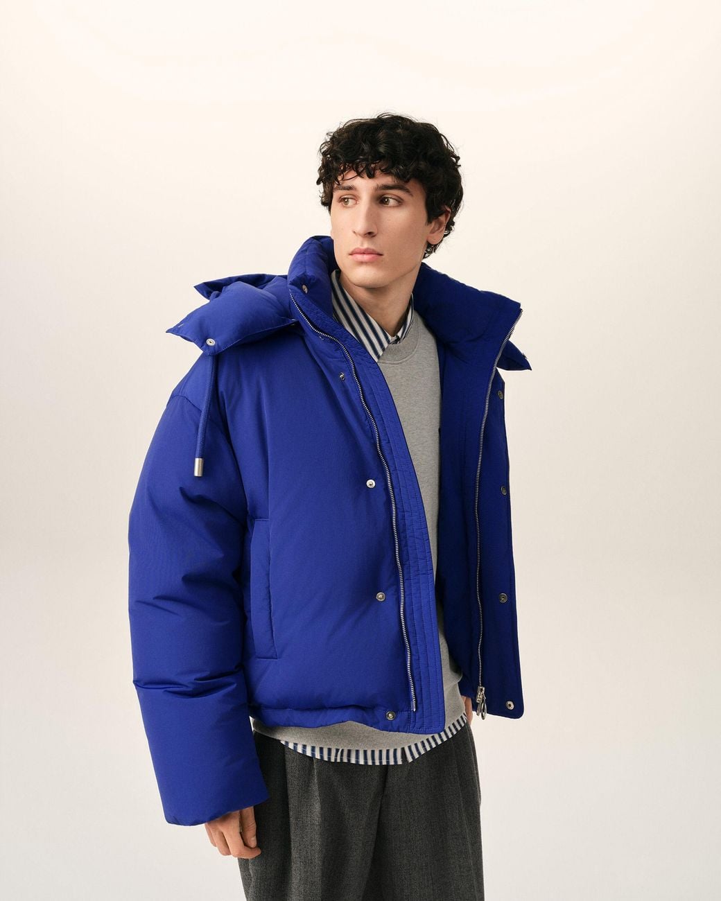 AMI Blue Hooded Nylon And Cotton Down Jacket With Ami De Coeur for men
