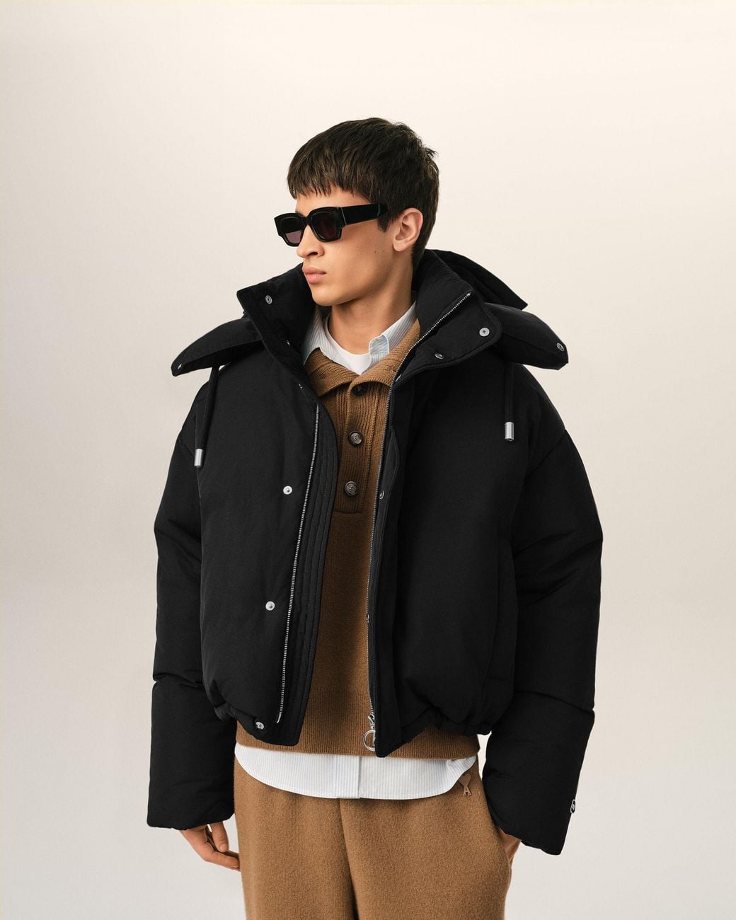 AMI Black Hooded Nylon And Cotton Down Jacket With Ami De Coeur for men