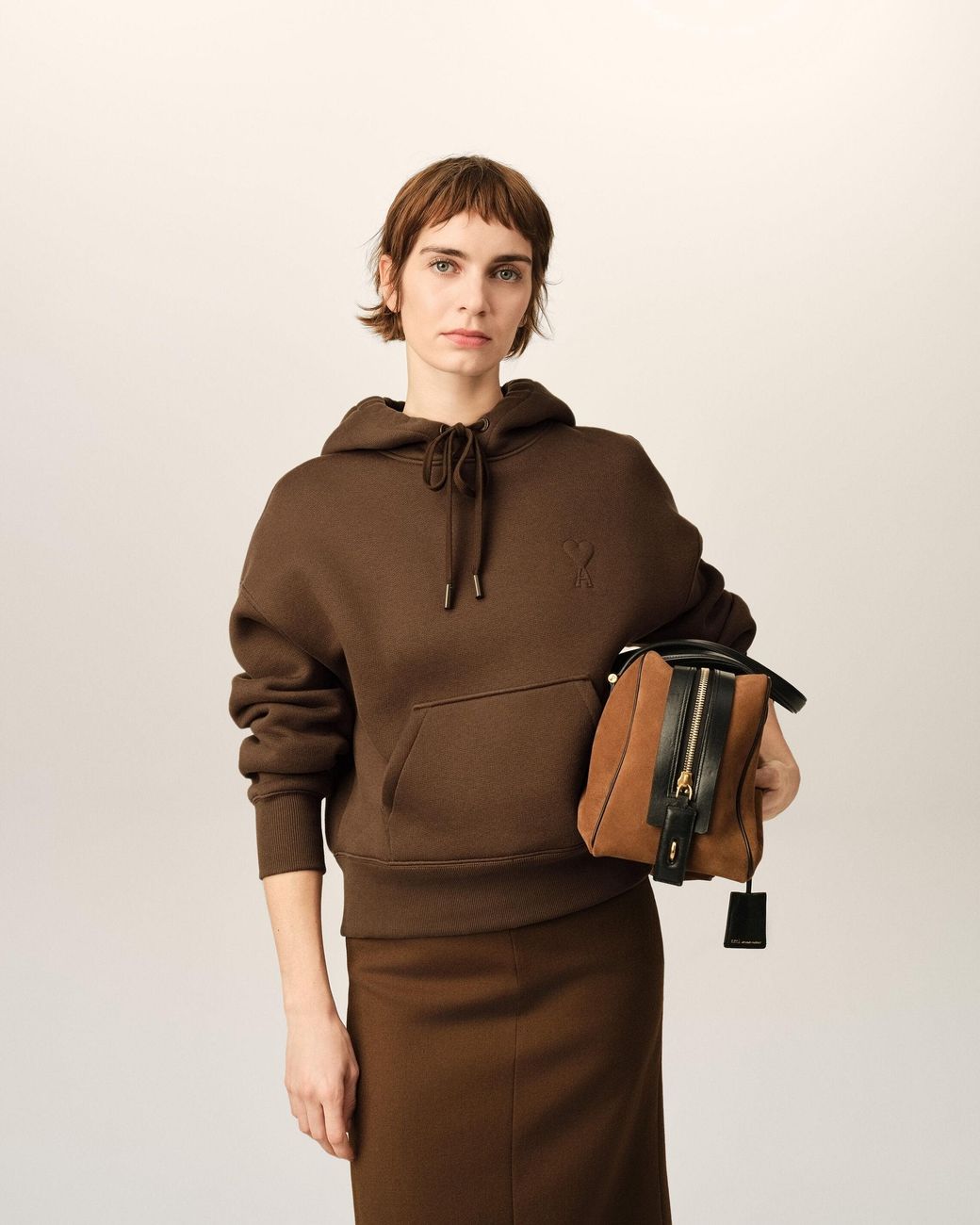 AMI Brown Cotton Hoodie With Embossed Ami De Coeur