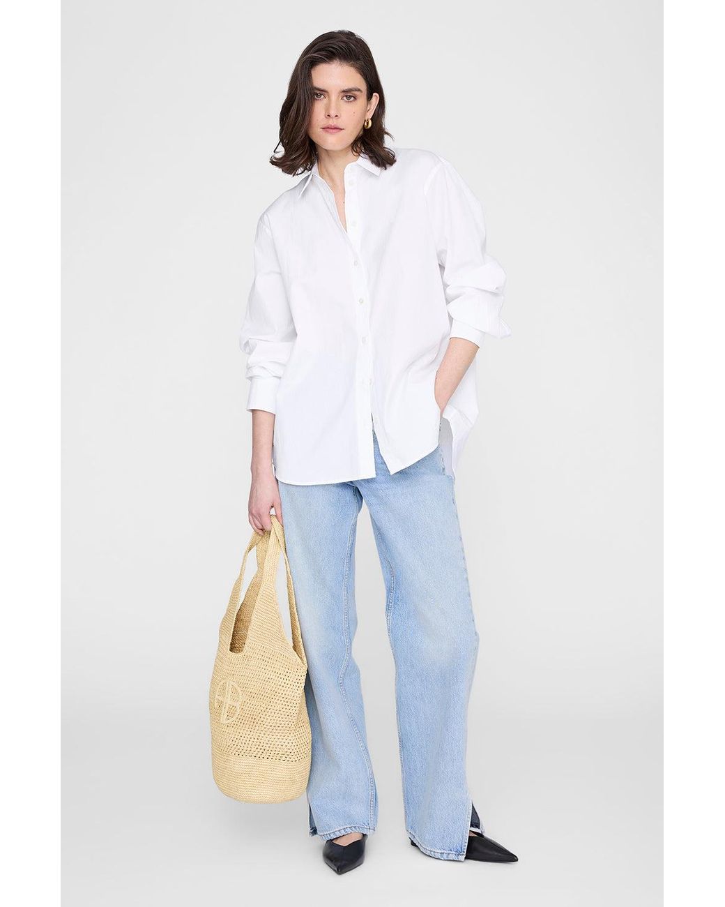 Anine Bing White Leah Logo Hobo Raffia