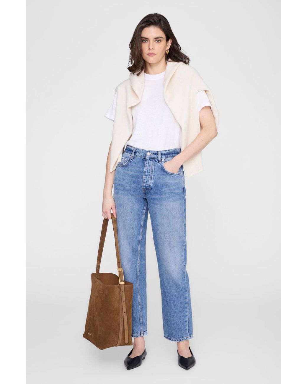 Anine Bing White Elly Medium Bucket Bag Suede