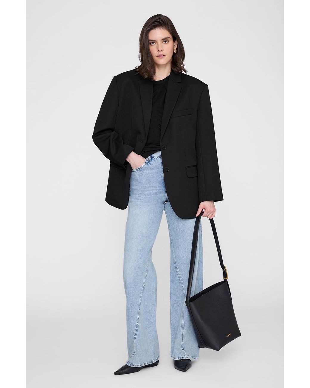 Anine Bing Black Elly Medium Bucket Bag Grained Leather