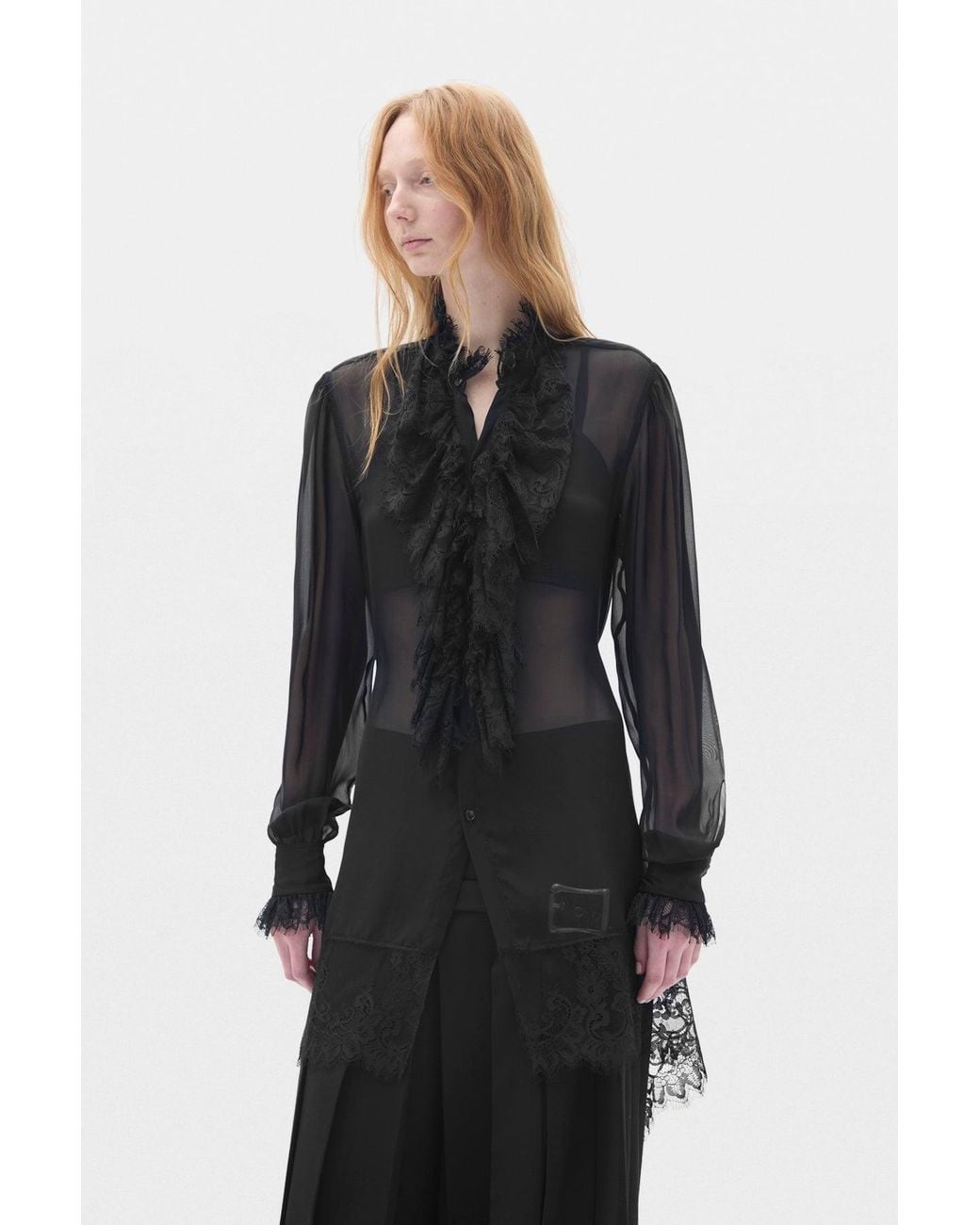 Ann Demeulemeester Black Barah Long Comfort Shirt With Lace Ruffles