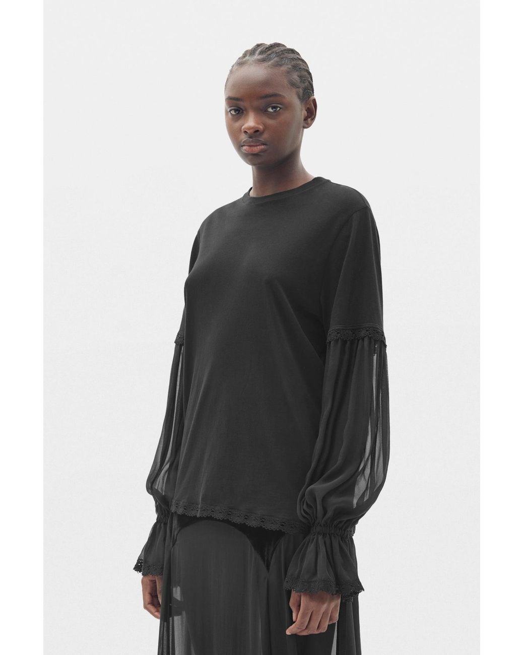 Ann Demeulemeester Black Loes Boxy Fit T-Shirt With Silk Chiffon And Lace Sleeves