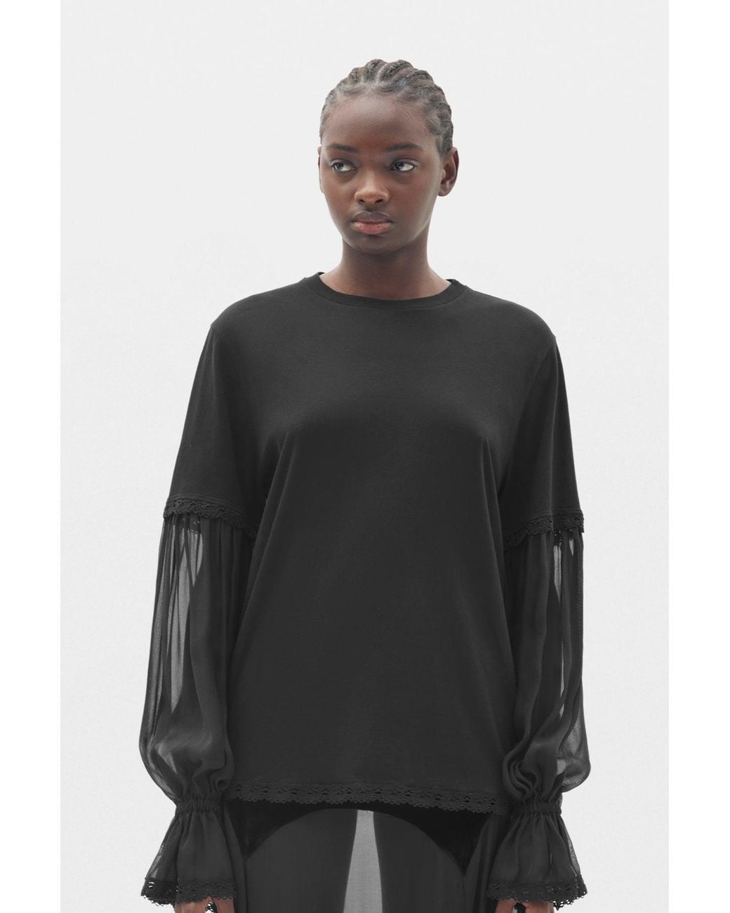 Ann Demeulemeester Black Loes Boxy Fit T-Shirt With Silk Chiffon And Lace Sleeves