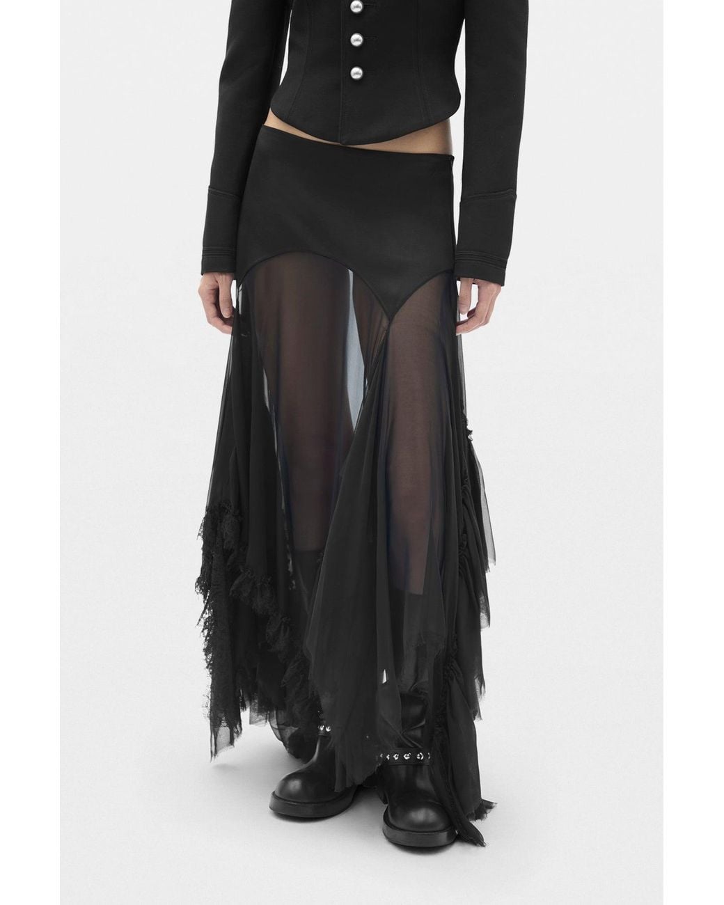Ann Demeulemeester Black Aina Midi Panel Skirt With Cadi Contrast And Lace Ruffles