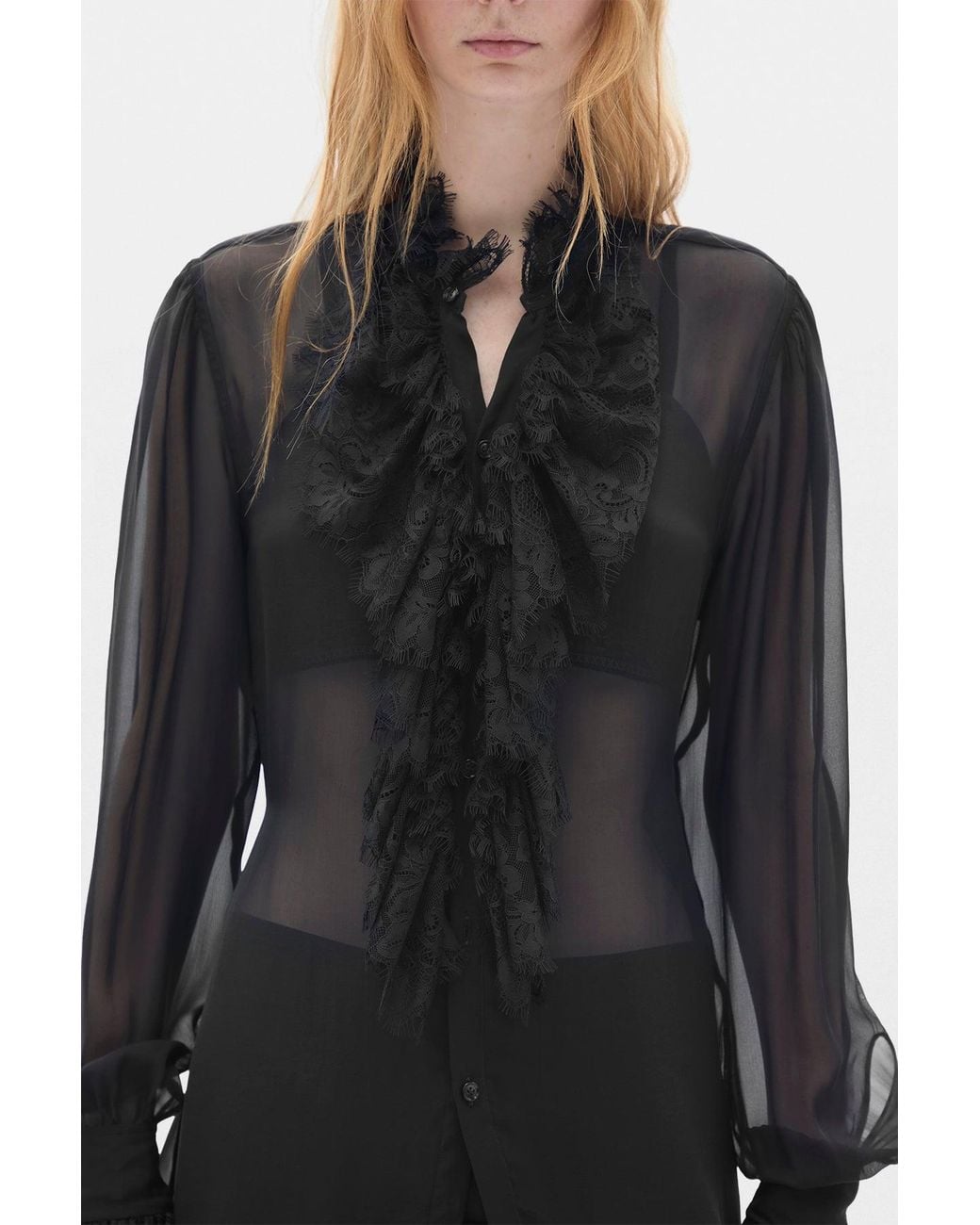 Ann Demeulemeester Black Barah Long Comfort Shirt With Lace Ruffles