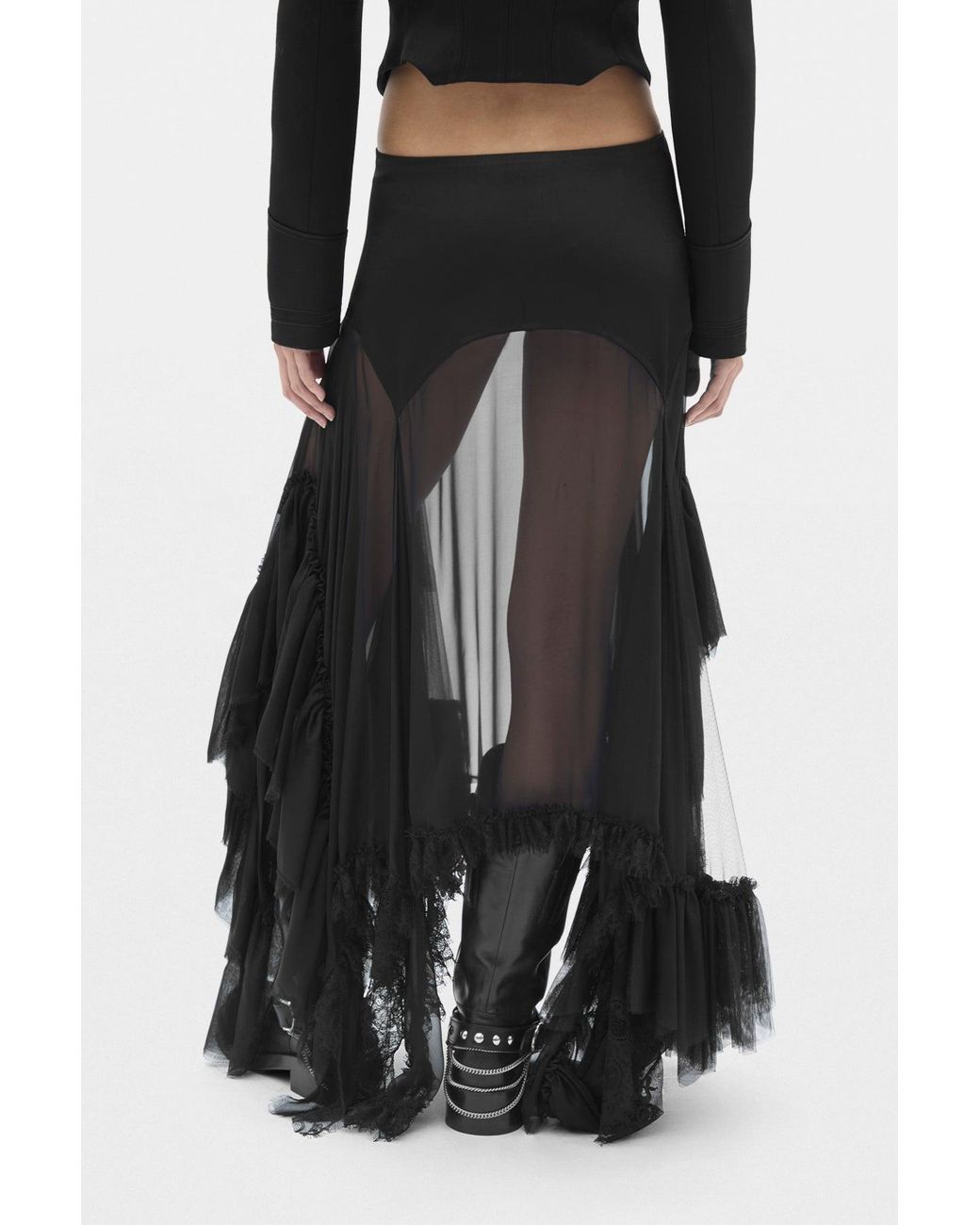 Ann Demeulemeester Black Aina Midi Panel Skirt With Cadi Contrast And Lace Ruffles
