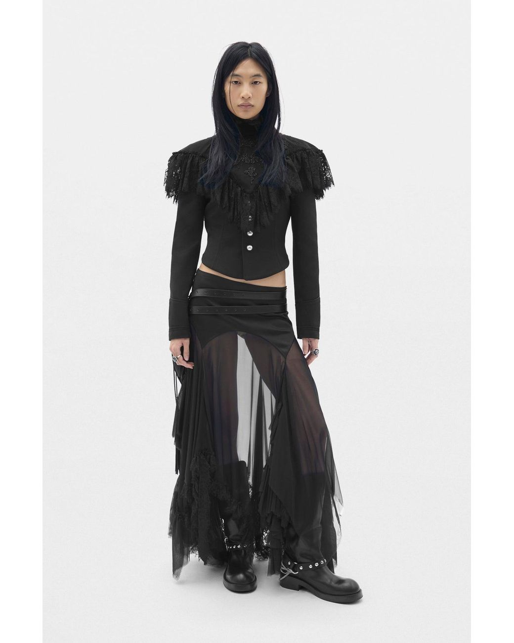 Ann Demeulemeester Black Aina Midi Panel Skirt With Cadi Contrast And Lace Ruffles