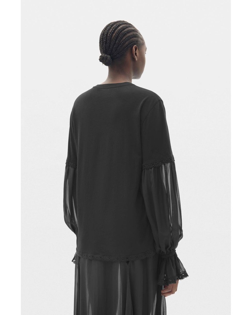 Ann Demeulemeester Black Loes Boxy Fit T-Shirt With Silk Chiffon And Lace Sleeves