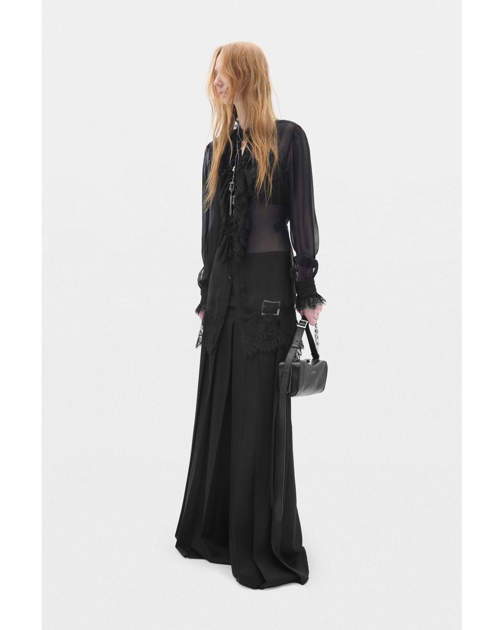 Ann Demeulemeester Black Barah Long Comfort Shirt With Lace Ruffles