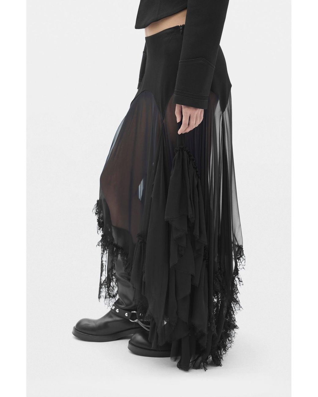 Ann Demeulemeester Black Aina Midi Panel Skirt With Cadi Contrast And Lace Ruffles