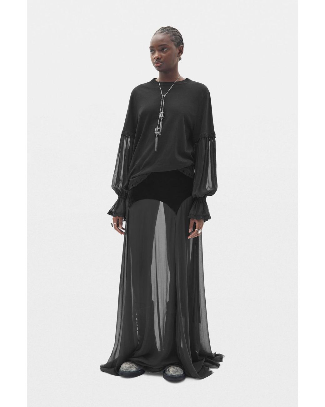 Ann Demeulemeester Black Loes Boxy Fit T-Shirt With Silk Chiffon And Lace Sleeves