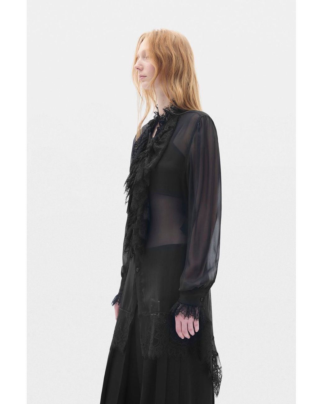 Ann Demeulemeester Black Barah Long Comfort Shirt With Lace Ruffles