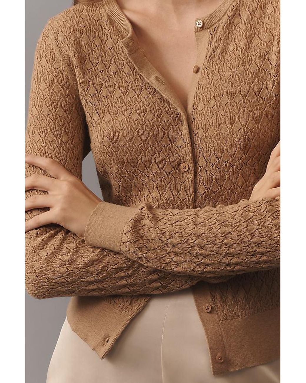 By Anthropologie Brown Juliet Pointelle Long-Sleeve Cotton-Blend Cardigan