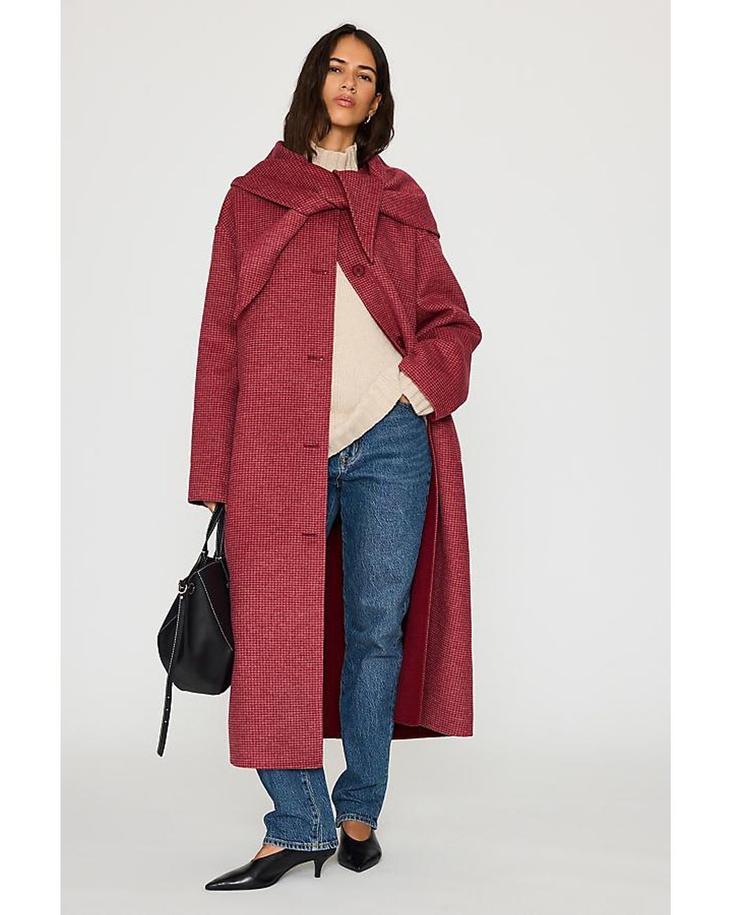 By Anthropologie Red Houndstooth Wool-Blend Scarf Coat