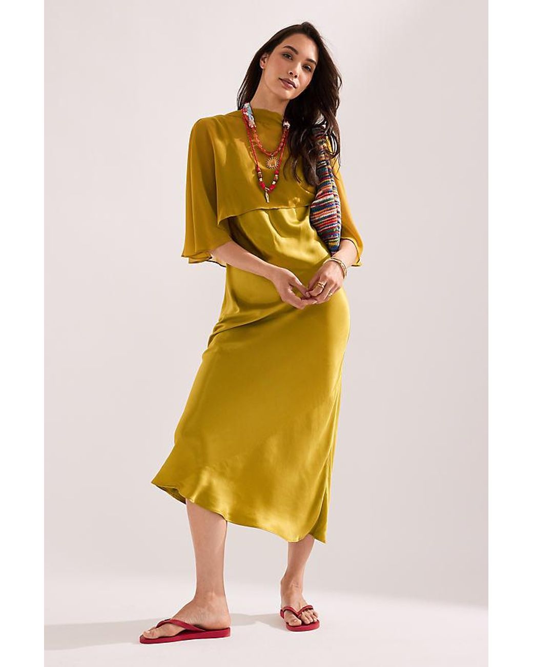By Anthropologie Yellow Casey Cape Overlay Satin Midi Dress