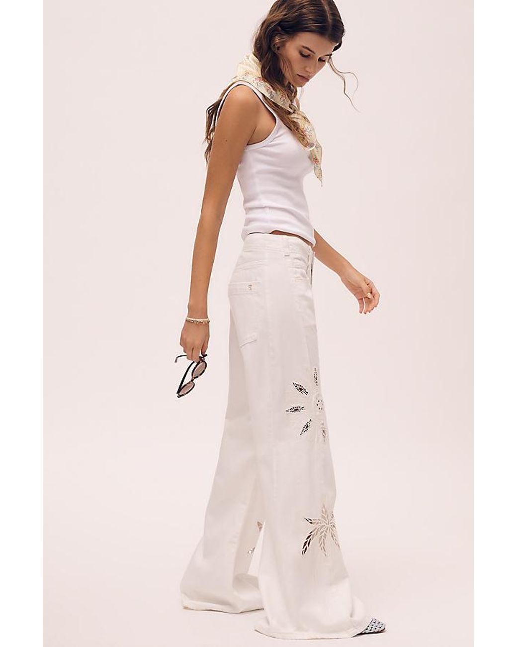 Pilcro Natural The Adi Mid-Rise Relaxed Wide-Leg Embroidered Jeans By